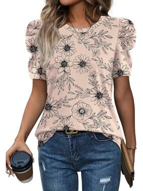 👑 Women's Floral Beige Puff Sleeve Summer Crew Neck Casual Dressy T Shirt Tops